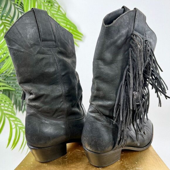 Women's Vintage 90s Black Cowgirl Western Biker Fringe Leather Boots / 8 - Picture 5 of 11
